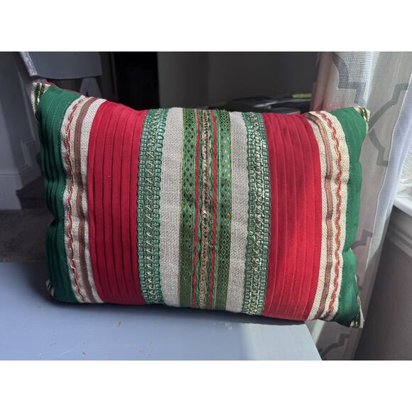 Pier 1 Decorative Throw Pillow Red Green Gold Striped Lumbar - Picture 1 of 7